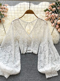 Black/White/Brown Sexy Lace Blouse Women Elegant V-Neck Puff Long Sleeve Open Back Short Tops Female Party Blusas