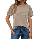 New Women's Round Collar Casual T Overalls Solid Color Lace Sleeve