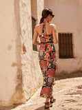 Printed Halter Tassel Slim Women's Robes Elegant Backless Sleeveless Maxi Dress 2024 Summer Ladies Party Evening