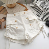 Waist short Pants Women's Summer Double Breasted Metal Decoration Fake Pocket High Street Casual Drawstring A-shaped