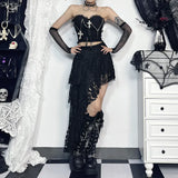 Gothic Cross Chain Brace Strap Irregular Rose Textured Lace Skirt Hierarchical Halter