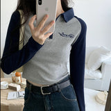 Hit Color Short Style Thin Bottom Polo Shirt Female Spring And Autumn New Style Spice Girl Long-Sleeved