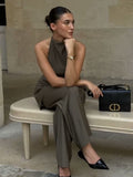Women's Clothing Neck Tie Minimalist Top + Mid-Rise Loose Trousers