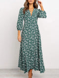 Chiffon Long Dress Floral Print Lantern Sleeve A-line Maxi Vestidos Autumn New Elegant Vintage V Neck Winter