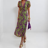 Women's Dress 2025 New Temperament Fashion Print V Collar Folds To The Waist To Repair The Dress