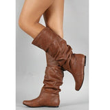 Flat-Bottomed Long Boots Women Autumn And Winter New In The New Increase In The Pu Leather Face Round Head Cover Thin Women