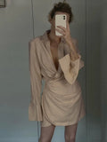 Padded Shoulder Shirt Dress Elegant Fashion Casual Cover Finger Long Sleeve Folds Party Evening Mini Dresses for Women