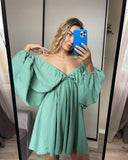 New V-Necked Long-Sleeved Dress Independent Design Bubble Sleeve