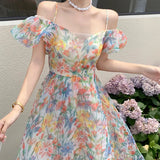 Zingj Organza A Word Shoulder Bubble Sleeve Broken Flower Condole Belt Dress Spring And Summer New Big Place Long