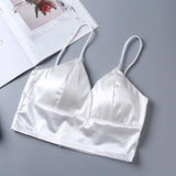 Satin Crop Tops Women Wireless Bralette Crochet Top Female Spaghetti Strap T-shirt Cropped With Chest Padded
