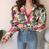 Lantern Sleeve Shirts Women Floral Blouse Long Sleeve Buttons Vintage Shirts Elegant Blouses Tops