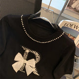 Fashion Beading Bowknot Knitted Sweater Women's O Neck Short Sleeve Sweet Pullover Knitwear Summer Slim Thin Jumper