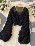Sexy Draped Chiffon Blouse For Women Elegant V-Neck Puff Long Sleeve Short Tops Female Slim Party Shirts 2023 New