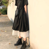 Sleeve Dress Women Summer Patchwork Fake-two Pieces Turn-down Collar Harajuku Buttons Elegant Slender Stylish Lace-up