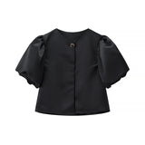 Bubble Sleeve Single-Button Shirt 2025 Spring And Summer Sweet Round Collar Short Top Female