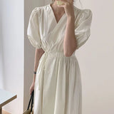 Korean Fashion Midi Dress Women Chic Elegant V-neck Cross Lace-up Solid Puff Sleeve Casual Dress Summer One Piece