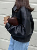 Vintage Lapel Neck Pocket Loose Short Leather Jacket- Outfit