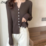 Women Slim Solid Fashion Single-breasted All-match Simple Korean Knitting V-neck Fall Female Chic Vintage