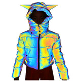 New Long Sleeve Short Hooded Dazzle Color Reflective Cotton-Padded Jacket Women's Fashion Luminous Cotton-Padded Jacket-Outfit