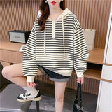 Zingj Autumn Winter Lazy Wind Loose And Thin Fashion Versatile Striped Round Collar Hoodie Female Casual Hooded
