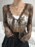 SUCHCUTE Sexy Lace Up Crop Tops Vintage Floral See Through Long Sleeve Women T-Shirts Brown Retro Mesh Aesthetic Clothes