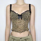 Zingj Hot Girl Leopard Print Mesh Gauze Bow Sling V Collar Lace Stitching Slim Wooden Ear