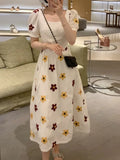Women Vintage Casual Floral Midi Dress Lady One Piece Elegant Puff Sleeve Party Clothes Female Fashion Prom