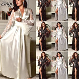 Womens Solid Sexy Silk Satin Lace Long Sleeve Deep V Bathrobe Pajamas Robe Lingerie Sleepwear