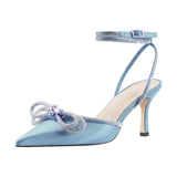 Onlymaker Women Pointed Toe Elegant Sandals Crystal Butterfly-knot Ankle Strap Buckle Thin High Heels Wedding Party Dress