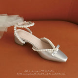 Zingj Summer New French Middle Heel Baotou Sandals Women's Thick Heels With Pearl High Heels Fairy Wedding