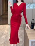 Elegant Chic Black Lace-up Midi Dresses for Women 2023 Autumn New Vintage Sexy Fashion Casual Prom Party Female