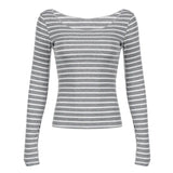 Striped Shoulder Long-Sleeved Blouse With A Lazy Wind And A Light Smock To Cover The Meat Shows A Thin