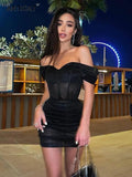 Bright Silk Off Shoulder Pleated Dresses Sexy Short Sleeve Elastic Waist Women Clothing Strapless Backless Sheath
