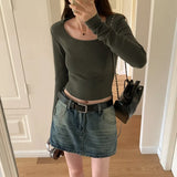 Shoulder-Bottomed Blouse In Autumn, The New Small Square Collar Long-Sleeved T-Shirt Is Slim And