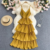 Women Draped Ruffle Spaghetti Strap Dress Sexy Vacation Beach Vestidos Female Elegant High Waist Slim Midi Robe 2023