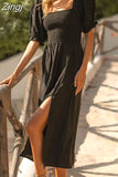 Dress Women Puff Short Sleeve Solid Pink Slash Neck Split Sexy Long Dress Casual Elegant Beach Vestidos
