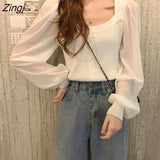 Sleeve Chiffon Shirts Korean Solid Button Sweet Shirt White Blusas Women Autumn Vintage Square Collar Blusas Clothes
