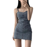 Zingj Chic Summer Retro Bright Line Design Sense Small Minority Slim Show Thin Bag Hip Jeans Sling Dress