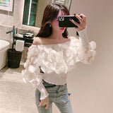 Off Shoulder womens tops and blouses Mesh Sheer Puff Sleeve Tops Summer 3D Flower Vintage White Women Shirt