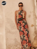 Printed Halter Tassel Slim Women's Robes Elegant Backless Sleeveless Maxi Dress 2024 Summer Ladies Party Evening