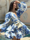 Women Elegant Floral Print V-neck Ruffle Mini Dress Summer Sexy Long Puff Sleeved High Waist Vestidos Female Beach Vacation