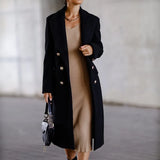 Women Solid Long Sleeve Woolen Cardigan Tops Fall Winter Lady Lapel V-neck Straight Long Coat Outwear Fashion Button-up
