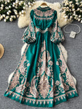Vintage Dress Women's High-End V-Collar Lantern Sleeves Show Thin Waist Fashionable Print Forked