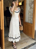 Women Holiday Contrasting Ruffles Sleeveless Maxi Dress Chic Square Collar Flying Sleeve Slim Dresses Lady Vacation Beach