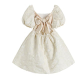 French Puff Sleeve Square Collar Puffy Evening Dress Bow Summer Backless Elegant High Waist Mini Prom Dress Retro