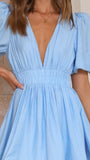 Zingj Summer New Sweet Deep V Waist Show Thin Pleated Bubble Sleeve Dress