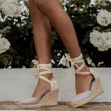 Summer New Large-Size Slopes And Women's Sandals Thick-Soled Buns Heel Heel Heel Tie Cloth Hemp Rope Sandals