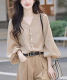 V-Neck Lantern Sleeve Top Women's Dress 2025 New Early Spring Ocean Design Wears French Chic