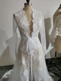 Appliques Bridal Jacket Long Sleeves Wedding Coat Sweep Train Wedding Capes Wraps Bolero Jacket Lace Wedding Robe Tulle