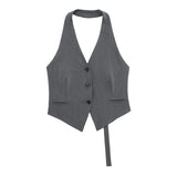 New Single-Breasted Shoulder Buckle Collar Halter Vest